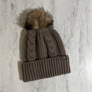 North Face Brown Knit Beanie with Faux Fur Pom